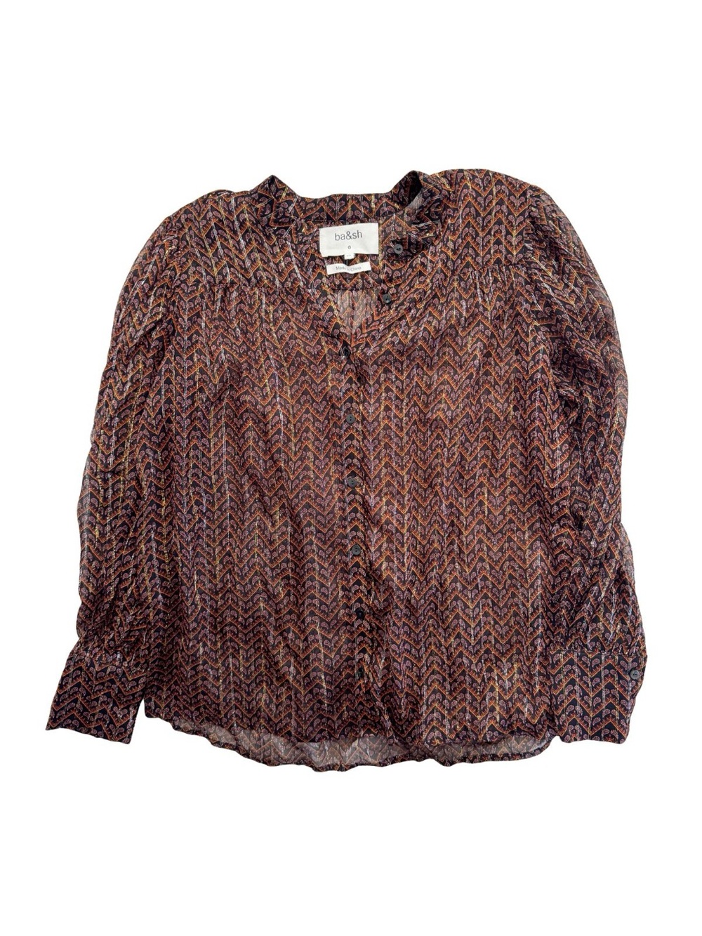 BA&SH Wize Metallic Herringbone Paisley Print Blouse in Noir Sz XS